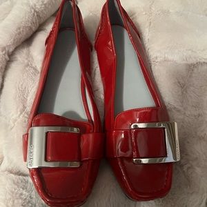 Calvin Klein red patent leather loafers, size 8
